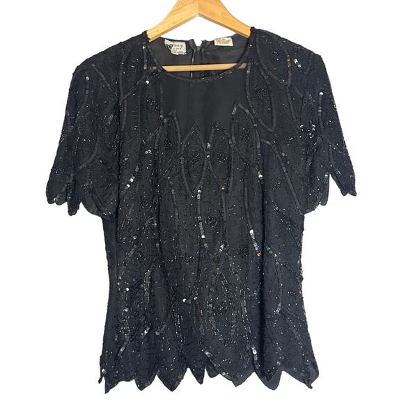 Vintage Tops - Vintage Silk Black Beaded Sequin Top 80s Glam Womens Medium Cocktail Stenay